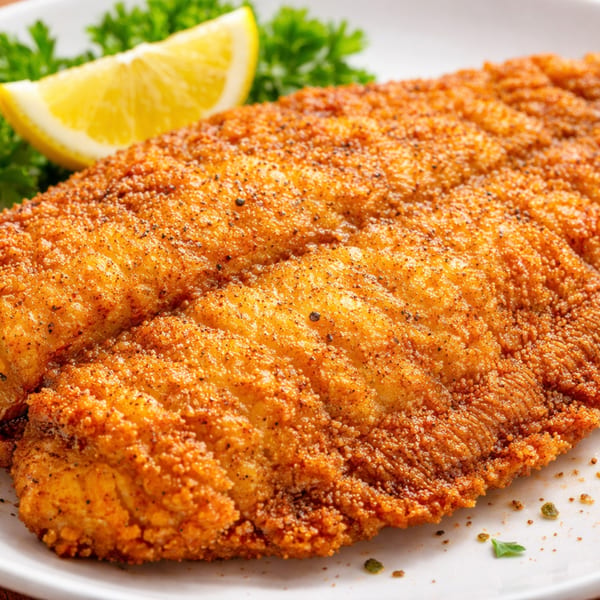 Crispy fried fish fillet seasoned with spices, garnished with parsley and a lemon wedge.