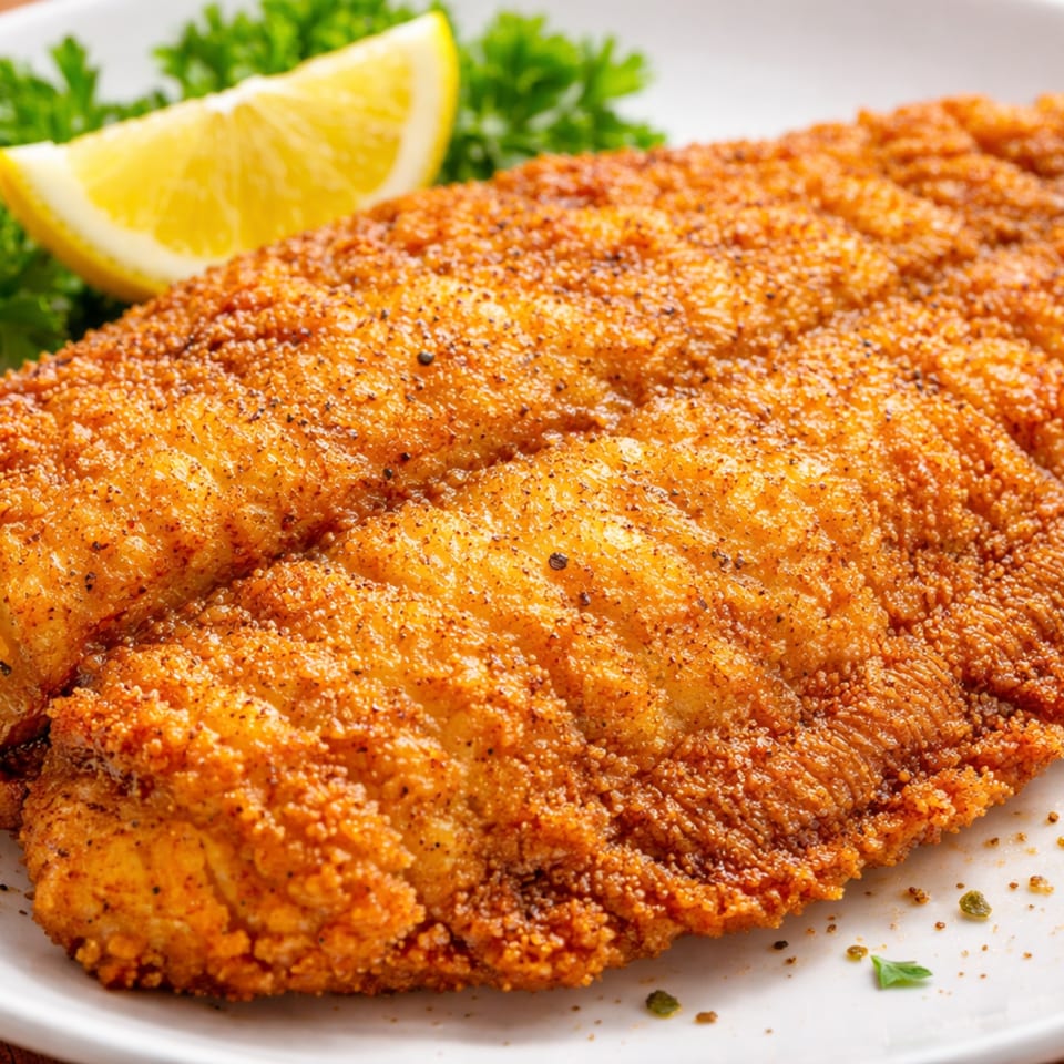 Crispy fried fish fillet seasoned with spices, garnished with parsley and a lemon wedge.