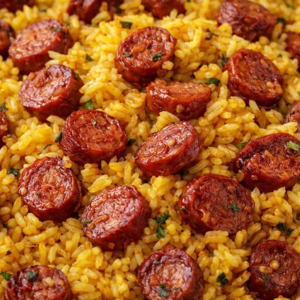 Close-up of yellow rice with sliced chorizo sausage and green herbs, a Dominican dish.